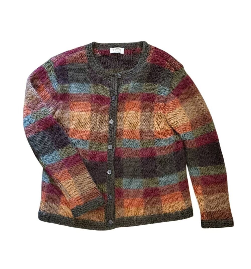 Vintage 90s Talbots Sweater Womens Medium Block Plaid Mohair Wool Fall Grandma